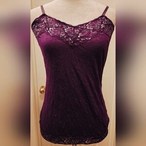 Y2K Vanity Purple Cami Top w Metallic Silver Threaded Floral Lace Trim.
